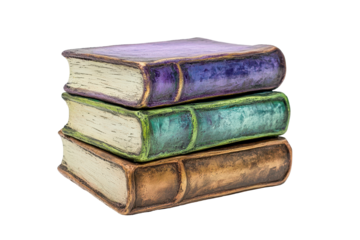 Stack of three decorative, sculpted books; purple, teal, bronze; aged, antique look; faux leather spines; cream-colored pages