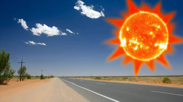 Straight road stretches through arid desert landscape under cartoonishly large radiant sun with intense orange glow, concept of extreme heat and environmental exaggeration