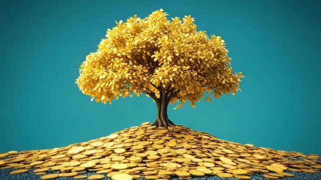 Golden tree growing on a mound of coins against blue backdrop