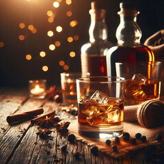 Whiskey and cigar with bottle and glass on table