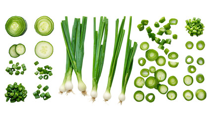 A vibrant flatlay showcasing whole, sliced, and diced cucumbers and scallions, arranged in neat rows against a black background