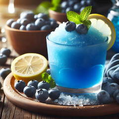 Fresh blueberry slushy decorate with mint and whole blueberries in a bowl, a healthy and sweet breakfast or snack