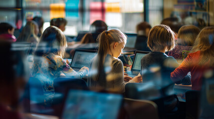 Group of students using laptops in a modern classroom with digital learning environment.

