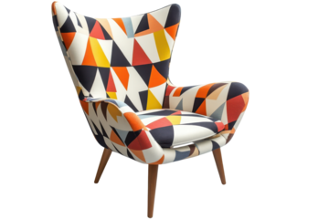 Mid-century modern armchair with geometric, multicolored, triangular upholstery and light wood legs