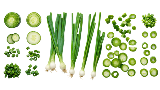 A vibrant flatlay showcasing whole, sliced, and diced cucumbers and scallions, arranged in neat rows against a black background
