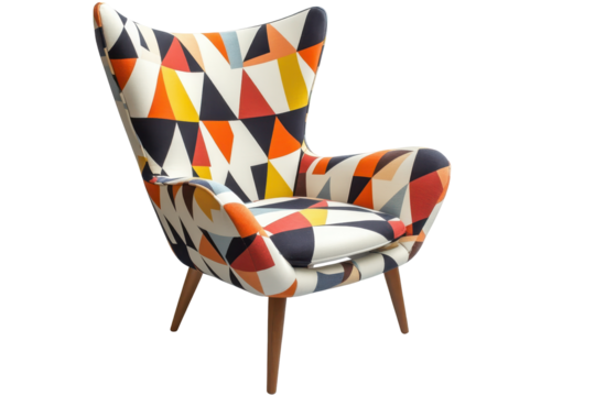 Mid-century modern armchair with geometric, multicolored, triangular upholstery and light wood legs