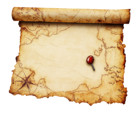 Aged parchment map scroll with a red pushpin marking a location, showing landmasses and compass rose