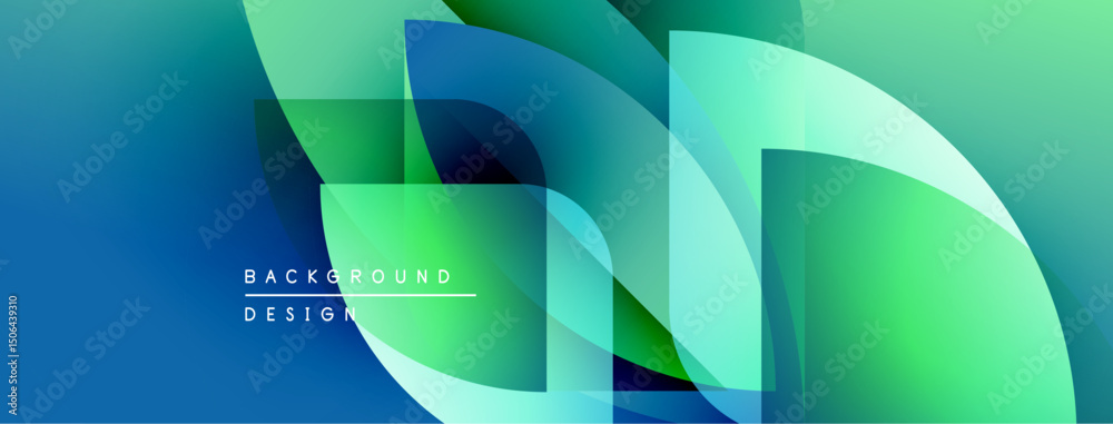 Poster abstract geometric shapes overlap, creating vibrant blue, green gradients. modern design elements su