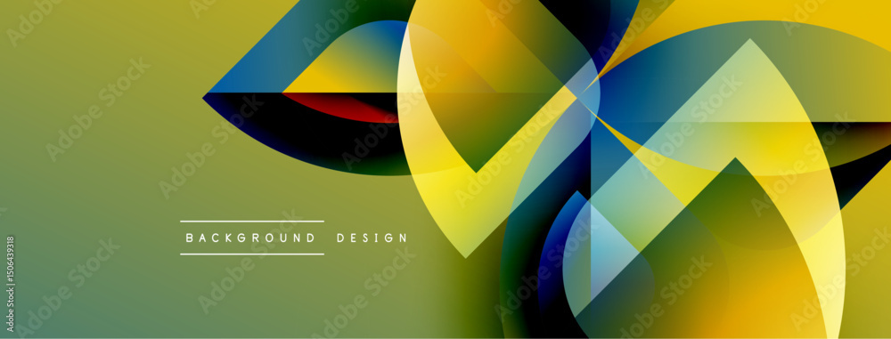 Poster Abstract geometric shapes overlap, creating vibrant color gradients. Design features yellow, blue, green hues on muted background.