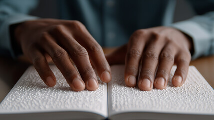 Child reading a Braille book by touch, focusing on accessibility and inclusive education.
