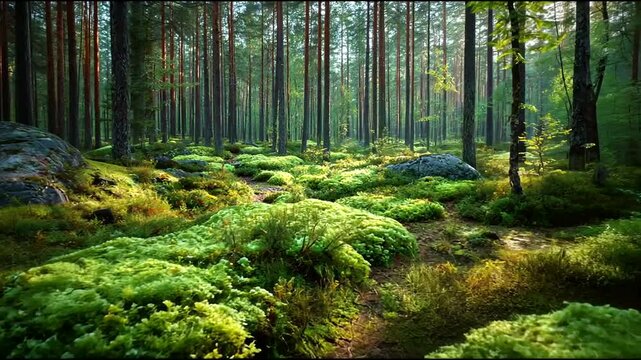 A dense forest floor thrives with vibrant green moss patches between tall, slender trees illuminated by dappled sunlight