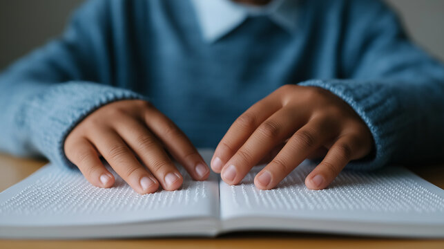 Child reading a Braille book by touch, focusing on accessibility and inclusive education.
