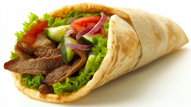 Delicious beef shawarma wrap with vegetables served on wooden board against dark background.
