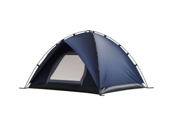 Dark-blue dome tent, single entrance, rectangular window, pitched, isolated on black