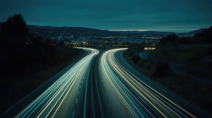 Obraz premium Night highway lights illuminate a winding road.