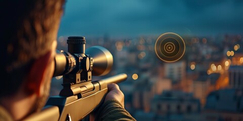 Precision Execution with a Clear Target and Sharp Focus, A person aiming a sniper rifle at a cityscape, with a targeting reticle in focus.