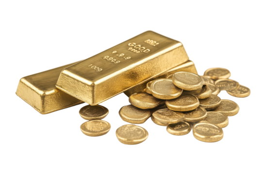 Two gleaming gold bars rest atop a pile of similarly hued gold coins, all exhibiting a lustrous sheen