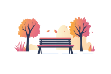 Autumnal park scene featuring a park bench nestled between two stylized trees shedding leaves, surrounded by low bushes and hinted at ground