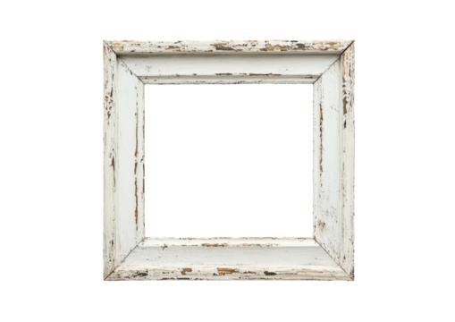 Weathered white wooden picture frame, square, showing age and texture with chipped paint and distressed edges against a black background