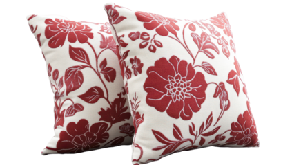 Two square throw pillows, off-white background with a burgundy floral pattern featuring large blossoms and leafy vines