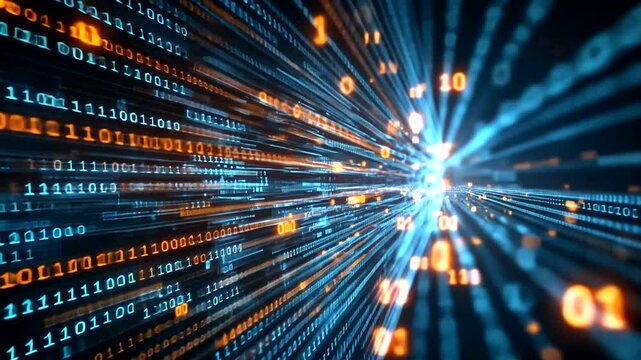 Abstract digital data stream showing binary code with teal and orange hues creates a futuristic, technological perspective