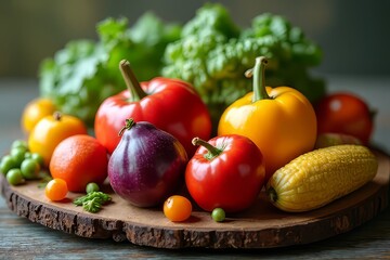 Fresh Colorful Vegetables on Wooden Board Displaying Healthy Produce