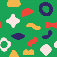 Seamless abstract simple colorful organic shapes pattern.  Flat illustration pattern vector design. Green, blue, red, and white.