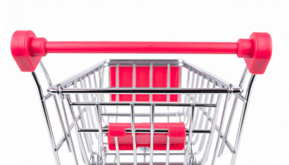 Close-up shot of a metal shopping cart with red accents against a white background, focusing on the front handle and interior of the basket.