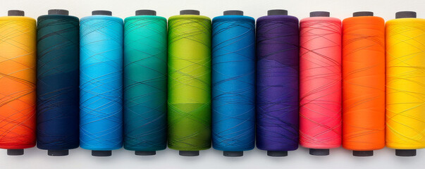 A row of colorful thread spools arranged in a gradient, displaying a vibrant spectrum on a white background.