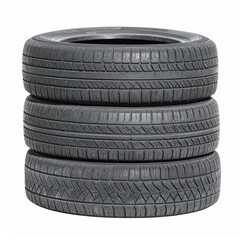 Obraz premium Stack of three used car tires on a white background. Good tread depth visible. For vehicle maintenance, replacement, or storage concepts.