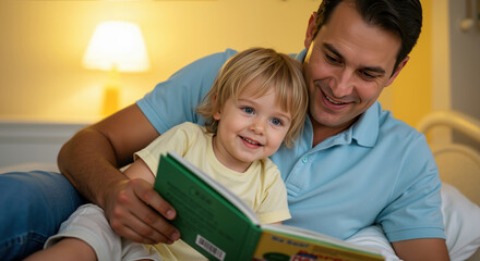 Father reading bedtime story to young son in cozy home setting. Father's day family literacy moment fostering imagination and language development