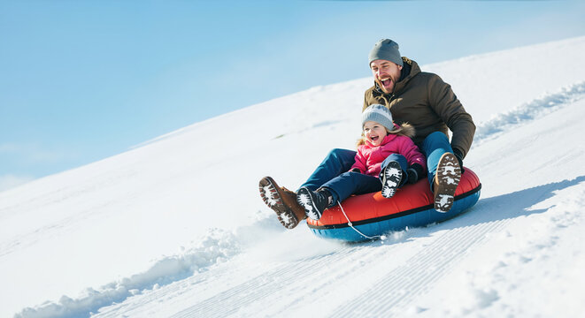 Father and daughter sledding downhill on snow tube in winter landscape. Thrilling family adventure, memorable bonding experience during cold season Father's Day celebration