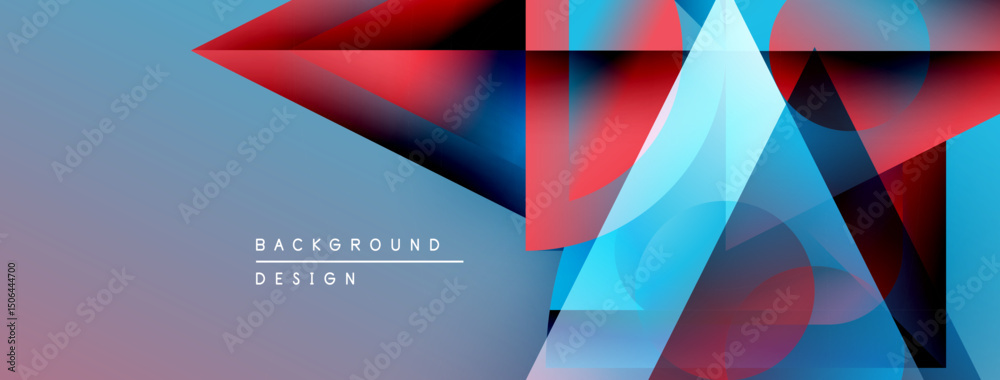 Poster Abstract geometric shapes overlap. Blue, red, white colors dominate design. Minimal text reads background design. Modern aesthetic.