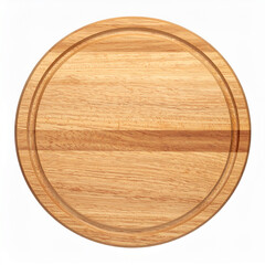 A round wooden cutting board on a white background, ready for food preparation or serving. The board has a recessed channel around the edge.
