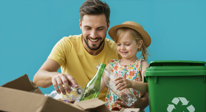 Father and daughter sorting recyclable bottles with green bin against turquoise background. Environmental education activity teaching sustainability and waste management for Father's Day celebration