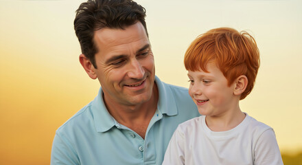 Fototapeta premium Father and redhead son smiling at each other against golden sunset background. Father's day emotional moment