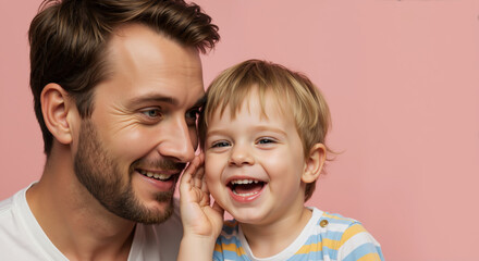 Son whispering secret to smiling father against pink background. Father's day communication showing trust and intimate sharing between father and child