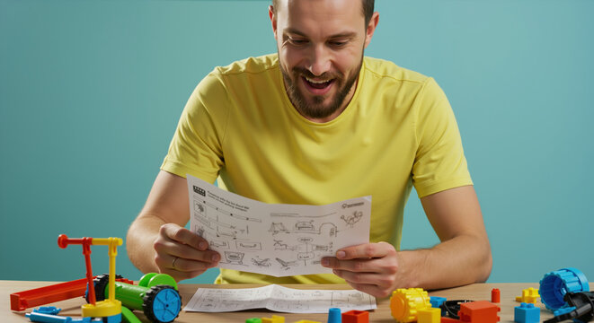 Father reading instruction manual while assembling colorful toy construction set against turquoise background. Problem-solving moment showing determination and technical skills for Father's Day DIY