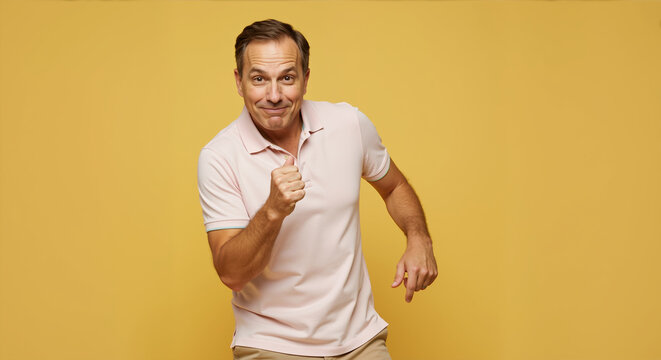 Man in light pink polo shirt with playful expression and thumbs up gesture against yellow background. Father's day approval moment showing positive attitude and encouragement - Powered by Adobe