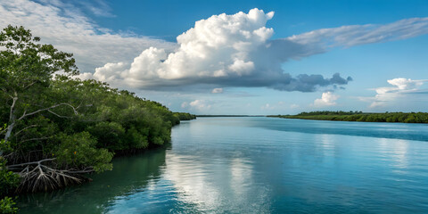 Scenic River View with Lush Green Mangroves and Dramatic Cloudy Blue Sky