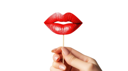 Paper lips held in hand on a wooden stick isolated on PNG white background.