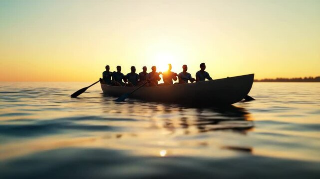 Rowing boat with silhouette people in the sunset ocean