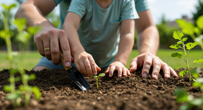 Man planting seedlings in garden soil with protective hands around young plants. Father's day gardening activities and nurturing care concept