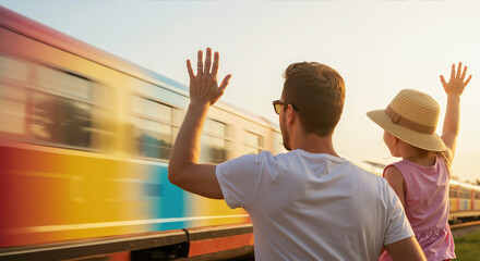 Father and daughter in straw hat waving goodbye to colorful moving train at station. Travel adventure and farewell moment. Father's Day travel agency promotions
