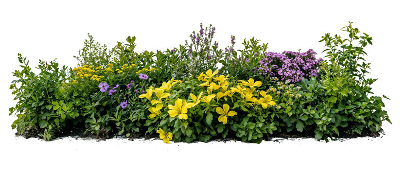 Isolated landscape design element featuring vibrant flowering shrubs and bushes with purple and yellow blooms arranged in natural garden border formation