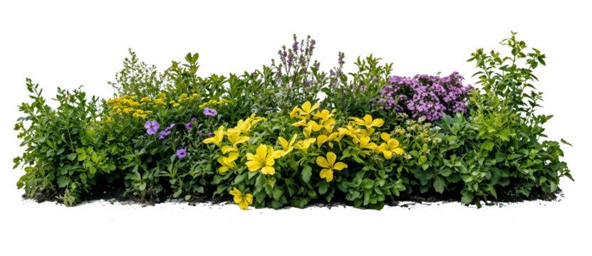 Isolated landscape design element featuring vibrant flowering shrubs and bushes with purple and yellow blooms arranged in natural garden border formation