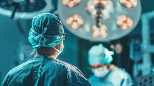 Surgeon's eye view in operating room. Surgeons under operation light.