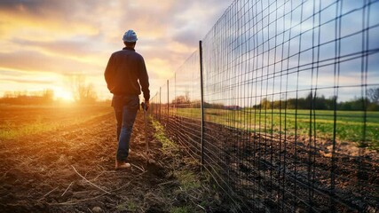 A man walks along a wire fence during sunset. The fence stretches across a field under a sky filled with warm colors - Powered by Adobe