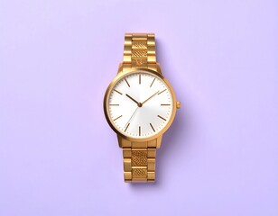 Gold wristwatch on a purple background