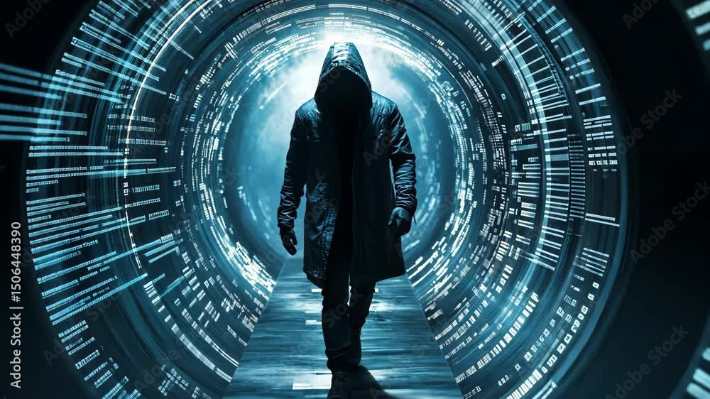 Poster cybersecurity: hacker with binary swirl